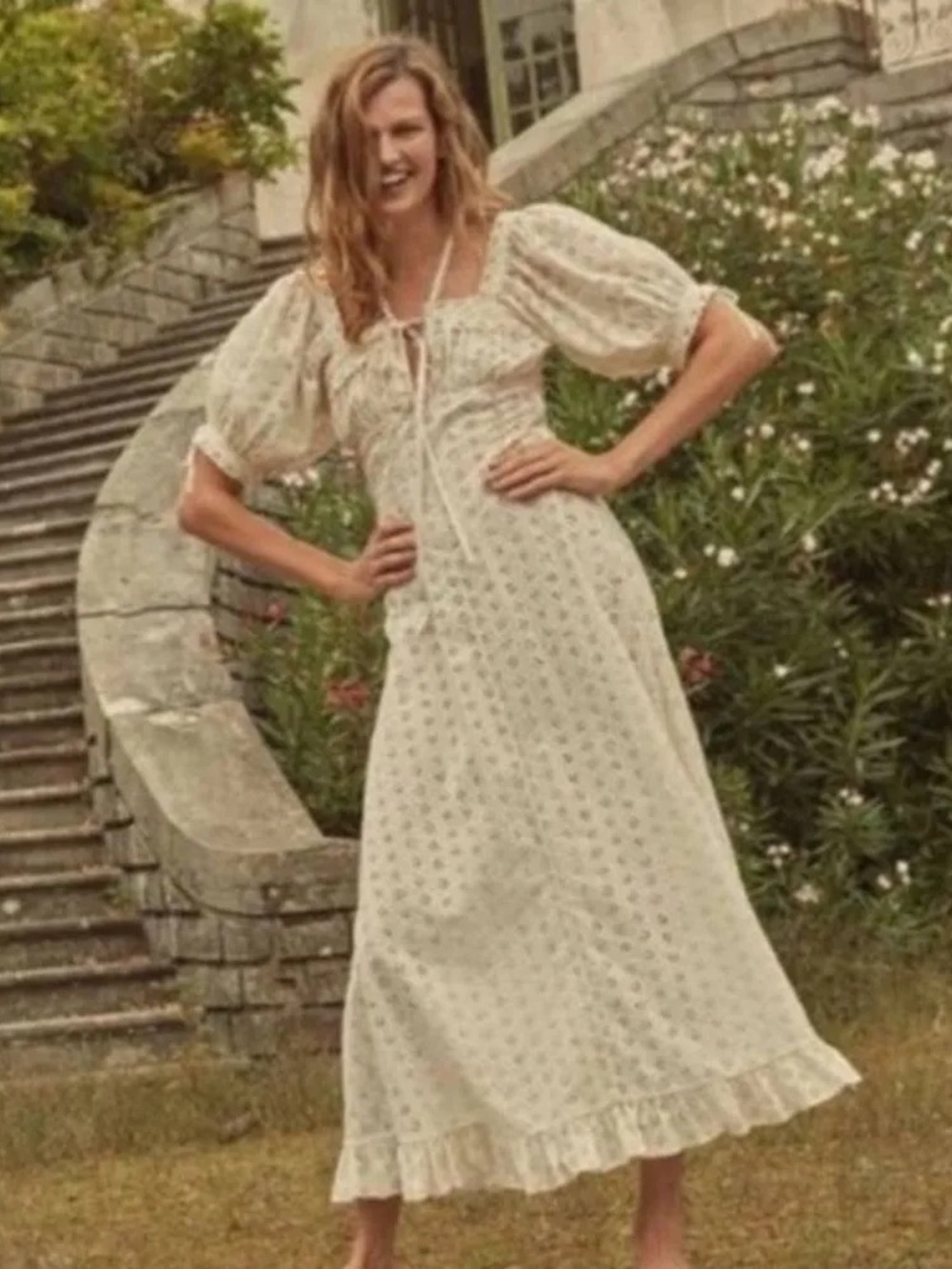 Doen London Dress 100% cotton - Nutmilk Bohemian Puff-Sleeve Cream Maxi Dress